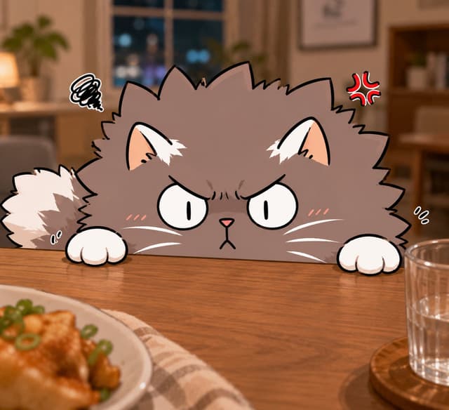 Wonton glaring over a dinner table