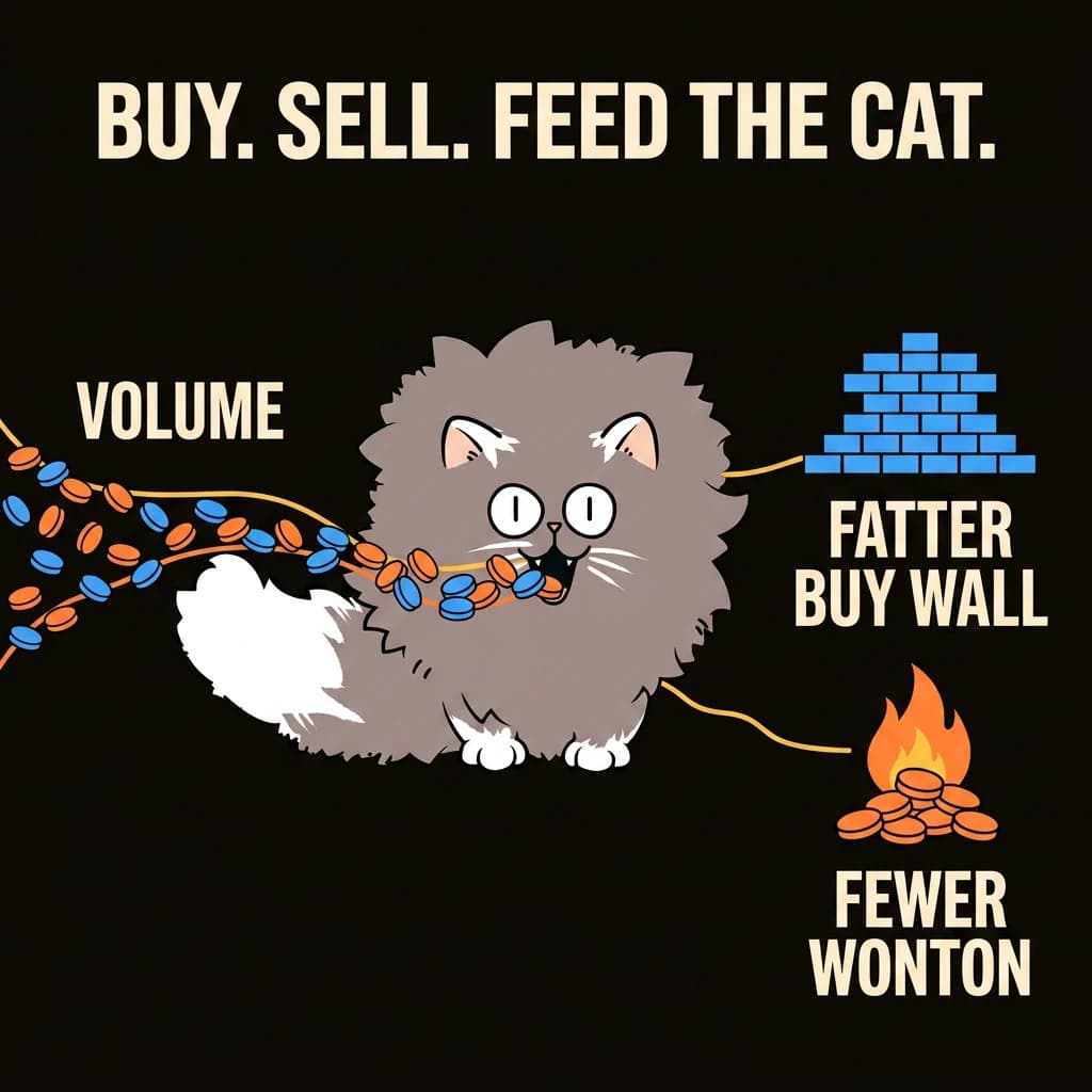 Diagram: trading volume feeds the cat, producing a fatter buy wall and fewer WONTON.