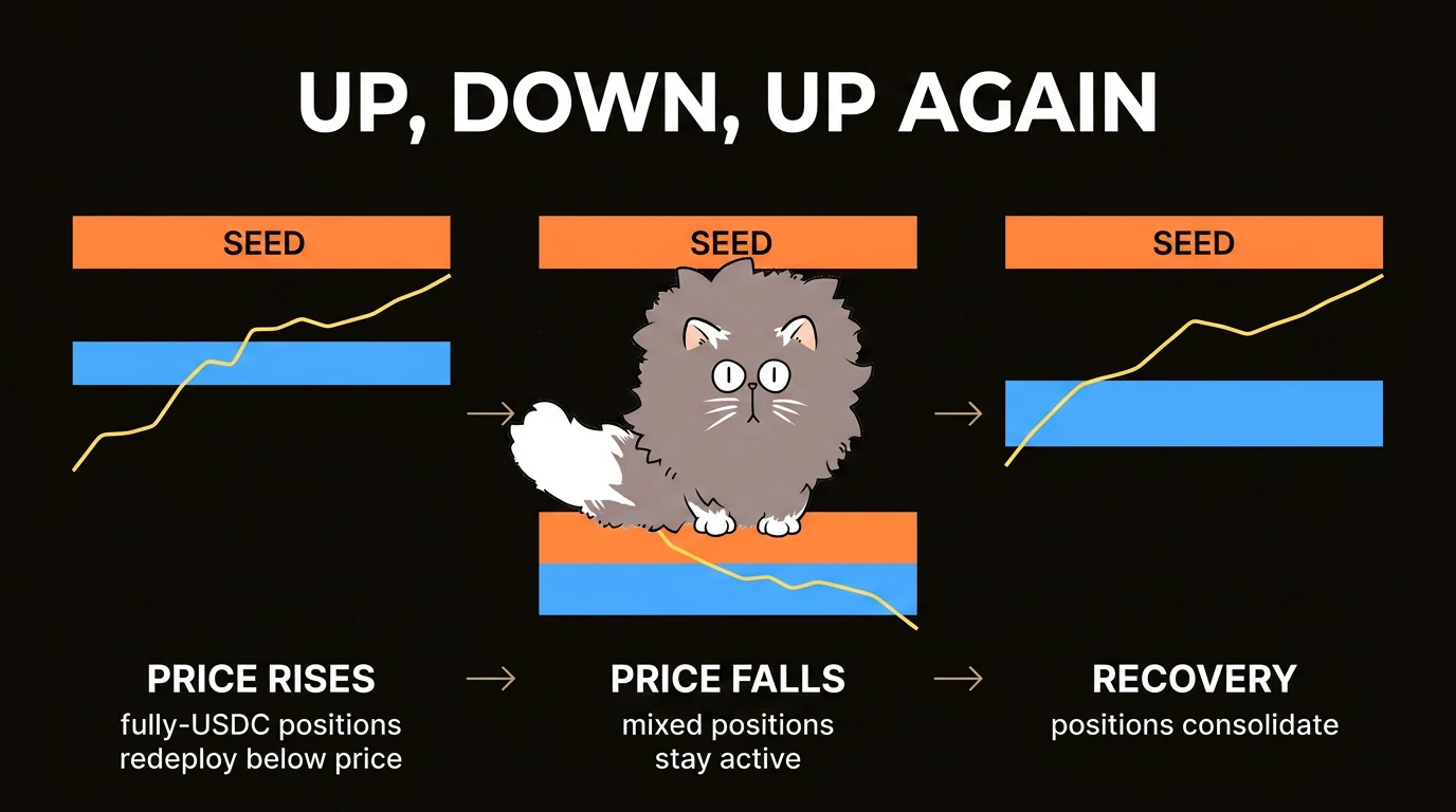 Three-stage lifecycle: price rises and positions redeploy, price falls and mixed positions stay active, recovery consolidates positions.