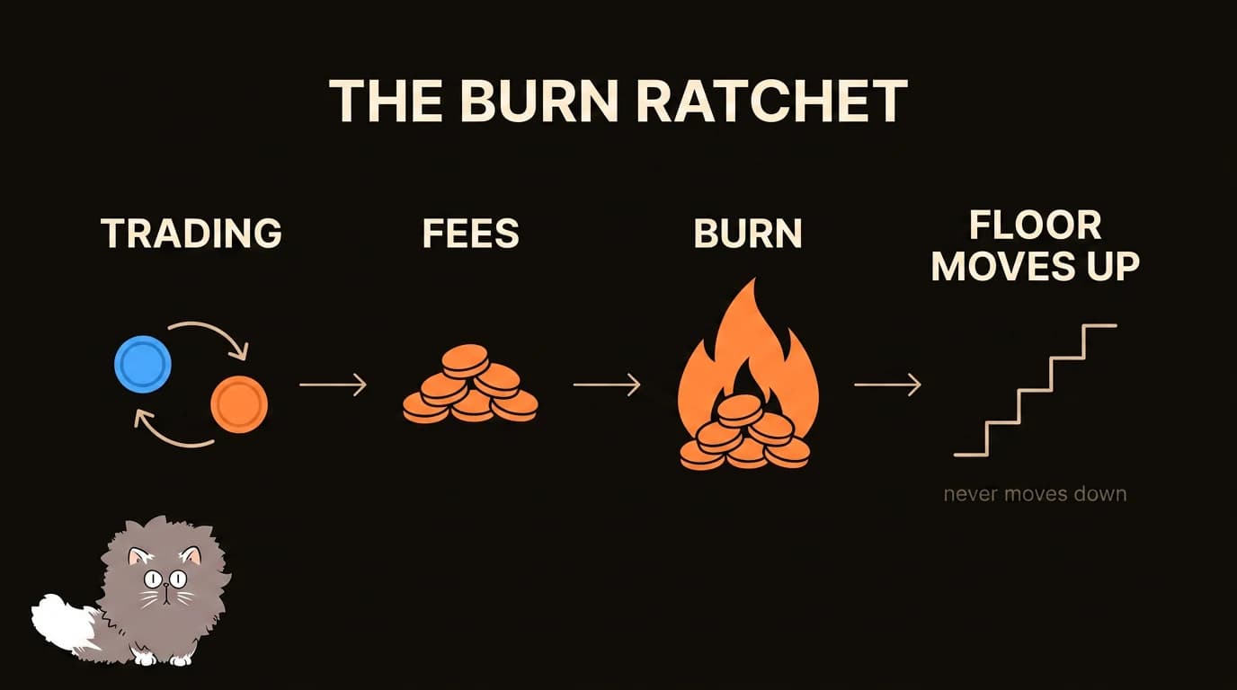 The burn ratchet: trading produces WONTON fees, fees burn, and the tracked floor moves up and never down.